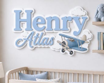 Personalized Layered Wood Airplane Name Sign, Custom Baby Boy Nursery Decor