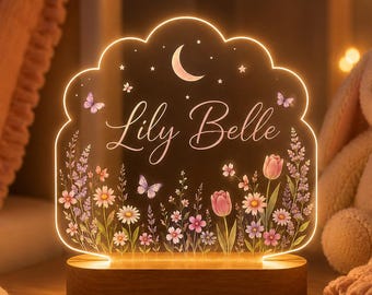 Personalized Wildflower Night Light, Baby Girl Bedside Gift, Floral Nursery Decor