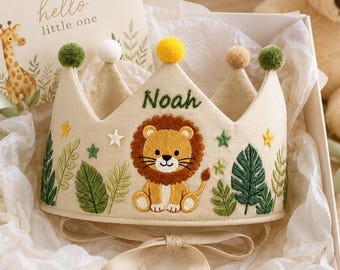 Embroidered Linen Birthday Crown, Personalized First Birthday Baby Hat