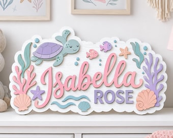 Sea Turtle Coastal Nursery Name Sign, Personalized 3D Wood 2 Layer Girl Decor