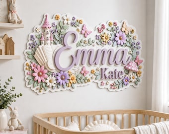 Letrero floral personalizado para la habitación del bebé, decoración de pared infantil con mariposas en capas.