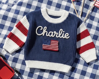 Personalized Patriotic Baby Sweater, American Flag Knit Pullover, Fourth of July Outfit