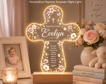 Floral Baptism Cross Night Light, Personalized Multicolor LED Keepsake