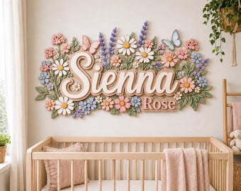 Personalized 3D Wood Name Sign, Floral Butterfly Nursery Decor, Boho Baby Girl Wall Art