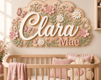Daisy Floral Nursery Name Sign, Personalized 3D Wood Girl Decor