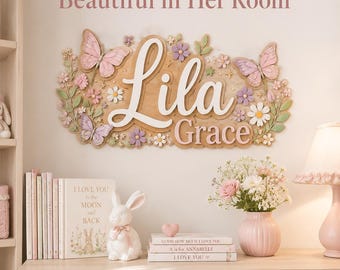 Fairy Garden Butterfly Nursery Name Sign, Personalized Floral  Wood Baby Room Decor