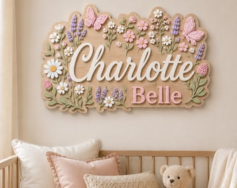 Personalized 3D Wood Name Sign, Floral Butterfly Nursery Decor, Boho Baby Girl Wall Art