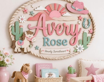 Pink Cowgirl Nursery Name Sign, Personalized 3D Western Wood Decor