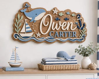 Personalized Ocean Nursery 3D Name Sign, Layered Wooden Coastal Nautical Wall Decor