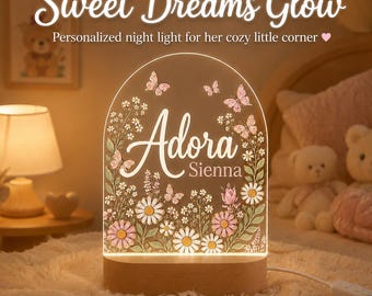 Lámpara de noche personalizada con nombre de mariposa floral, regalo personalizado de acrílico para la habitación del bebé.