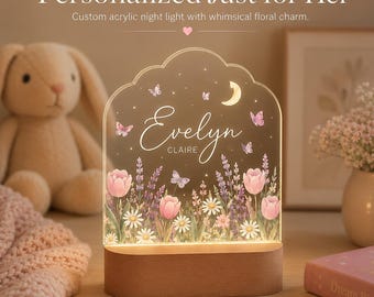 Lámpara de noche con mariposas florales, regalo personalizado de acrílico para la habitación del bebé.