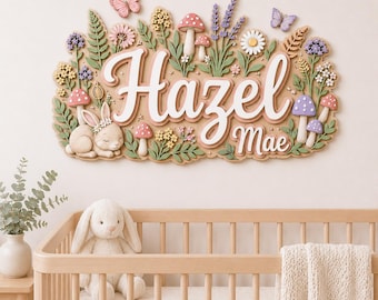 Mushroom Bunny Nursery Name Sign, Personalized Baby Girl Decor, Woodland Floral Sign