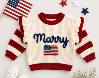 Personalized American Flag Baby Sweater, Custom Hand-Embroidered Name Romper, Patriotic Outfit