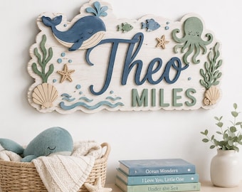 Personalized Ocean Nursery 3D Name Sign, Layered Wooden Under the Sea Wall Decor