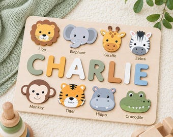 Personalized Wooden Name Puzzle, Arctic Animals, Baby Learning Toy, Display Stand