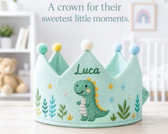 Embroidered Dinosaur Birthday Crown, Personalized Linen Baby Hat