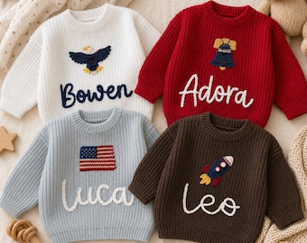 Personalized Hand-Embroidered Baby Sweater, Custom Name USA Flag Romper, Patriotic Outfit