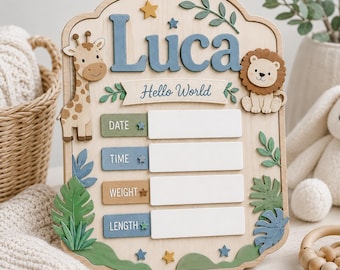 Personalized Birth Announcement Sign, Custom Wooden Baby Birth Safari Stat Board