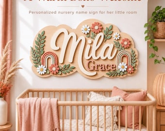 Boho Rainbow Nursery Name Sign, Personalized Wood Rainbow Baby Girl Decor