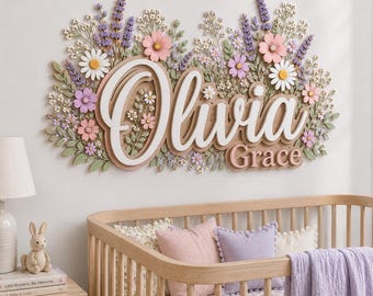 Personalized Wildflower Butterfly Name Sign, 3D Wood Nursery Decor, Boho Baby Girl Wall Art