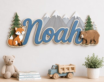 Mountain Fox Bear Nursery Name Sign, Personalized 3D 2 Layer Wood Boy Decor
