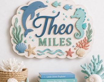 Personalized Layered Wood Ocean Name Sign, Coastal Nursery Decor