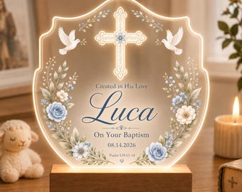 Blue Floral Baptism Cross Night Light, Personalized Acrylic Christening Keepsake