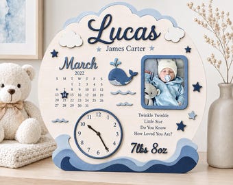Whale Birth Stat Keepsake Sign, Personalized Wood Nursery Decor, Baby Announcement Sign