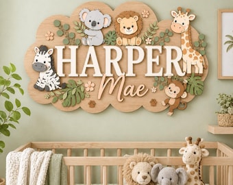 Personalized Safari 3D Wood Name Sign, Jungle Animal Nursery Wall Decor, Custom Baby Sign