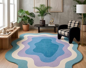 Abstract Wavy Area Rug, Handmade Blue Irregular Carpet for Bedroom, Modern Pastel Statement Floor Rug