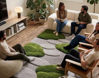 Handmade Moss Pebble Area Rug, Organic Modern Living Room Rug, Nature Inspired Green Carpet, Japandi Stone Rug, Custom Size