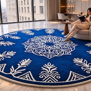 May include: A round, deep blue rug with a white geometric pattern. The rug features a central medallion design and repeating leaf-like motifs around the perimeter. The rug is approximately 8 feet in diameter.