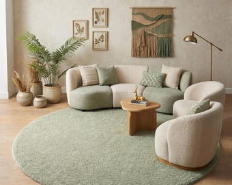 Round Sage Green Rug, Handmade Modern Area Carpet for Living Room, Minimalist Circle Rug for Bedroom