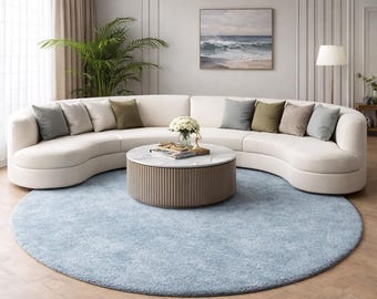 Round Minimalist Area Rug – Soft Blue Modern Rug, Neutral Luxury Carpet, Scandinavian Living Room Decor, Large Circle Rug