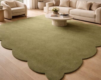 Sage Green Scalloped Area Rug, Handmade Flower Shape Rug, Modern Organic Carpet, Contemporary Living Room Statement Rug