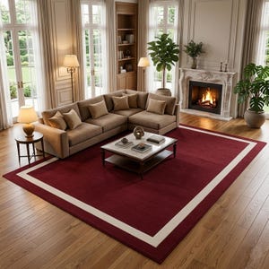 Burgundy Border Area Rug – Modern Red Rectangular Carpet with Cream Frame for Living Room, Classic Minimal Floor Decor