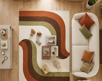Retro Wave Area Rug, Mid Century Modern Rug, Abstract Geometric Carpet, Earth Tone Rug, 70s Inspired Decor, Contemporary Living Room Rug