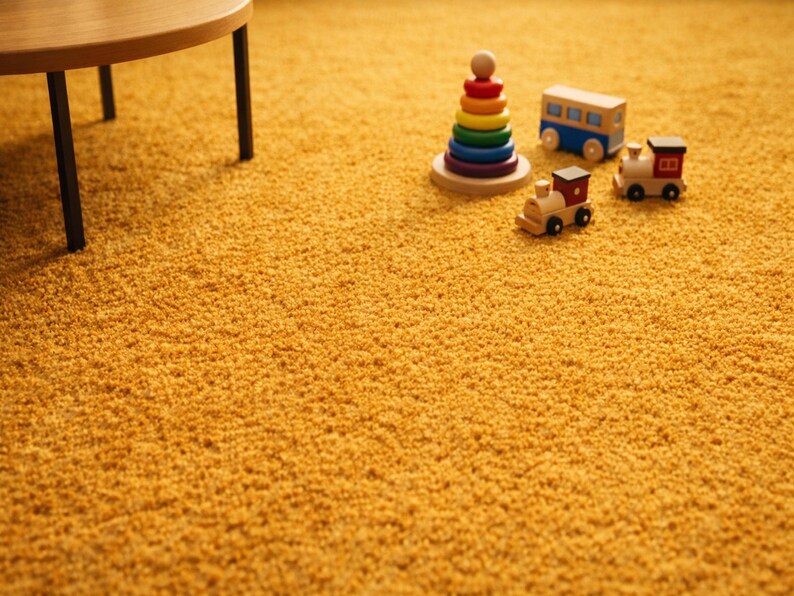 May include: A close-up shot of a golden-yellow shag carpet with a wooden table leg in the upper left corner. A wooden toy train, bus, and a rainbow-colored stacking toy are on the carpet.