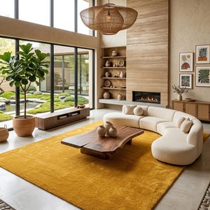 Handmade mustard yellow area rug with a plush hand-tufted texture, styled in a modern organic living room with a curved cream sofa, natural wood accents, floor-to-ceiling windows, and a cozy fireplace.