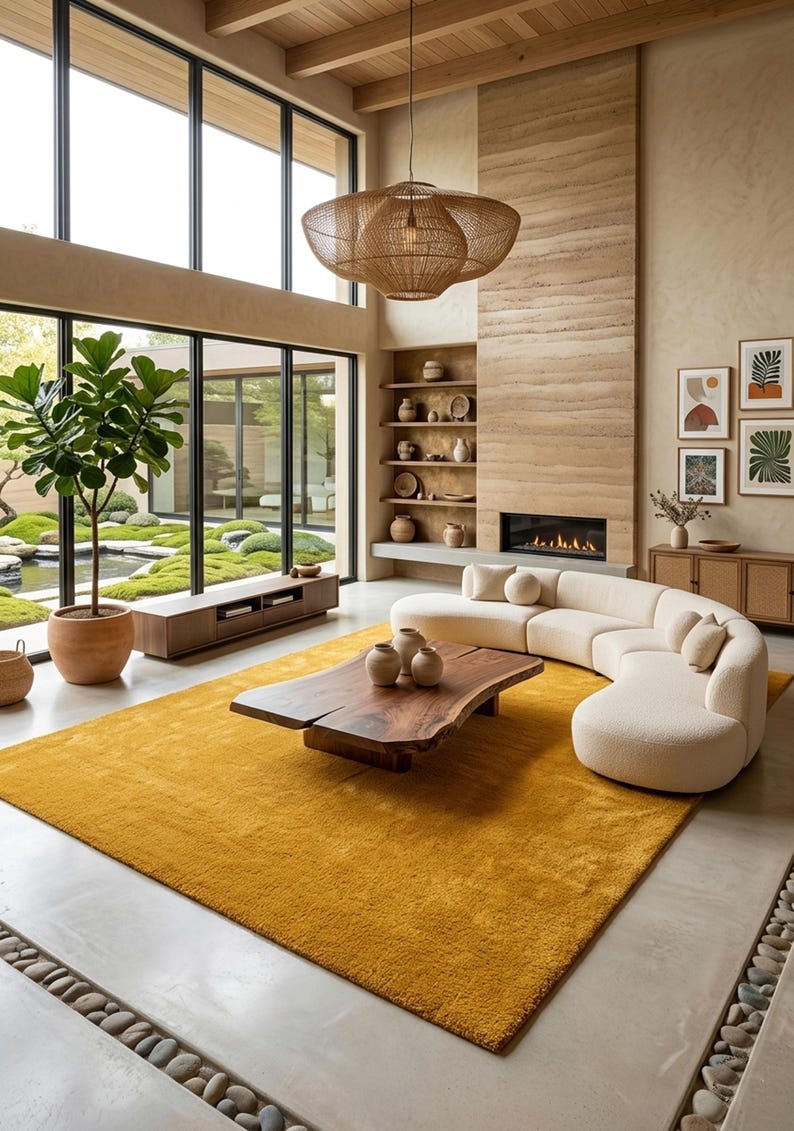 Handmade mustard yellow area rug with a plush hand-tufted texture, styled in a modern organic living room with a curved cream sofa, natural wood accents, floor-to-ceiling windows, and a cozy fireplace.