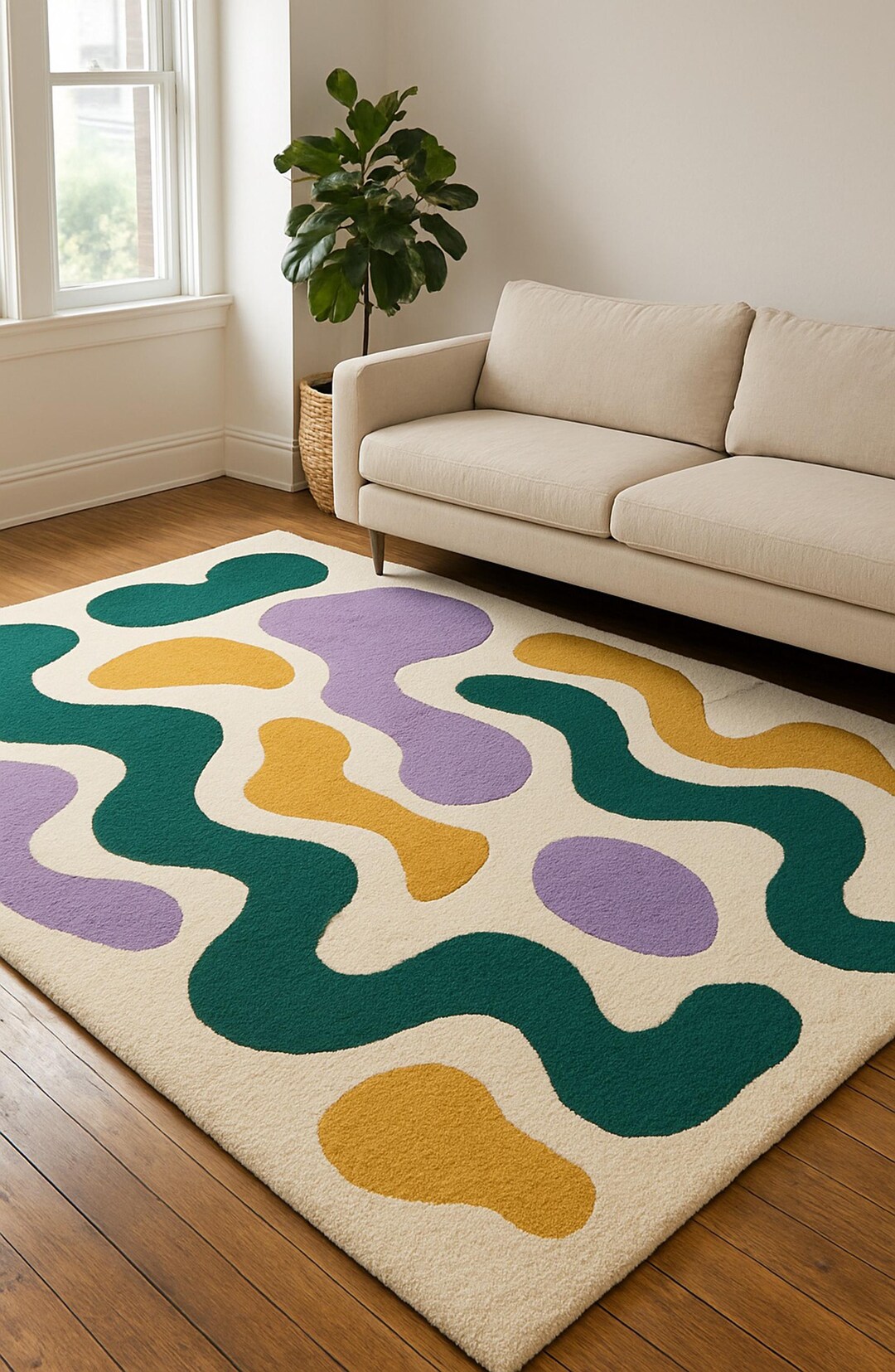 Abstract Organic Area Rug, Modern Wavy Color Block Carpet, Green Purple ...