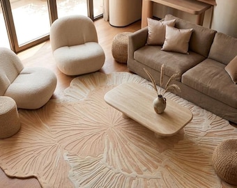 Beige Organic Shape Rug, Hand Tufted Abstract Rug, Neutral Sculpted Area Rug, Modern Living Room Carpet