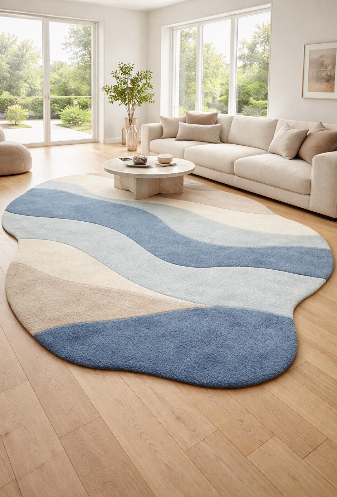Blue Beige Abstract Area Rug – Modern Organic Wavy Living Room Carpet ...