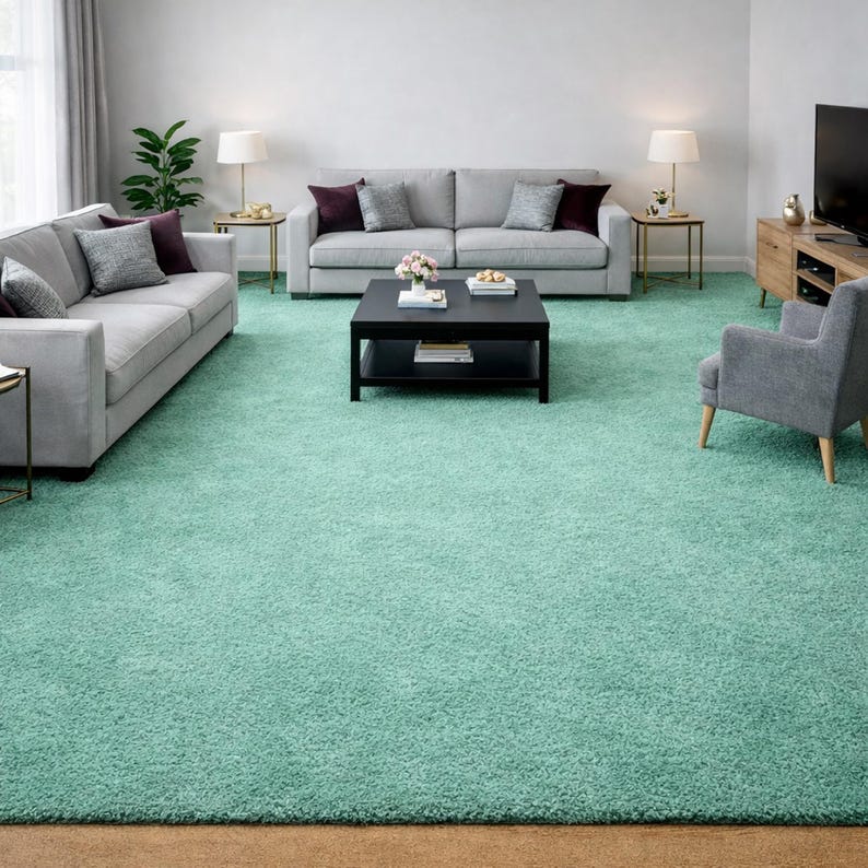 May include: A living room with a large, light green shag carpet. Two gray sofas with decorative pillows face each other. A black coffee table sits in the center, and a gray armchair is to the right. Two side tables with lamps are visible.