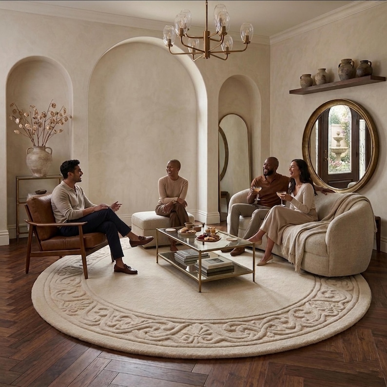 Round Neutral Tufted Rug, Beige Circle Area Rug With Carved Border ...