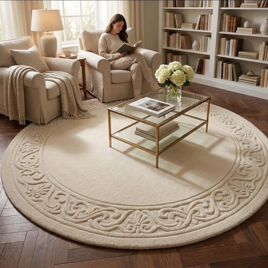 Round Neutral Tufted Rug, Beige Circle Area Rug With Carved Border ...