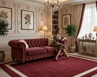 Weinroter Bordürenteppich, Klassischer Roter Wohnzimmerteppich mit Cremefarbenem Rahmen, Handgemachter Tufting Teppich Elegant Traditioneller Stil