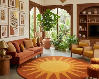 Sun Design Runder Teppich, Boho Circle Teppich, Warmes Terrakotta-Gelb, Retro Sunburst Teppich, Statement Wohnzimmerdekoration