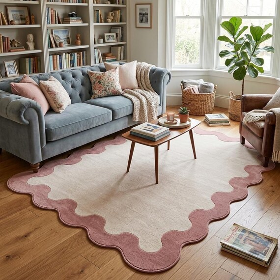 Handmade Scalloped Area Rug, Pink and Cream Rug, Wavy Border Carpet, Modern Living Room Rug, Cottage Decor, Custom Size