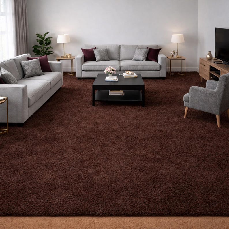 May include: A living room with a large, dark brown shag rug covering most of the floor. Two light gray sofas face each other, with a black coffee table in the center. A gray armchair sits to the side, and a TV is visible.